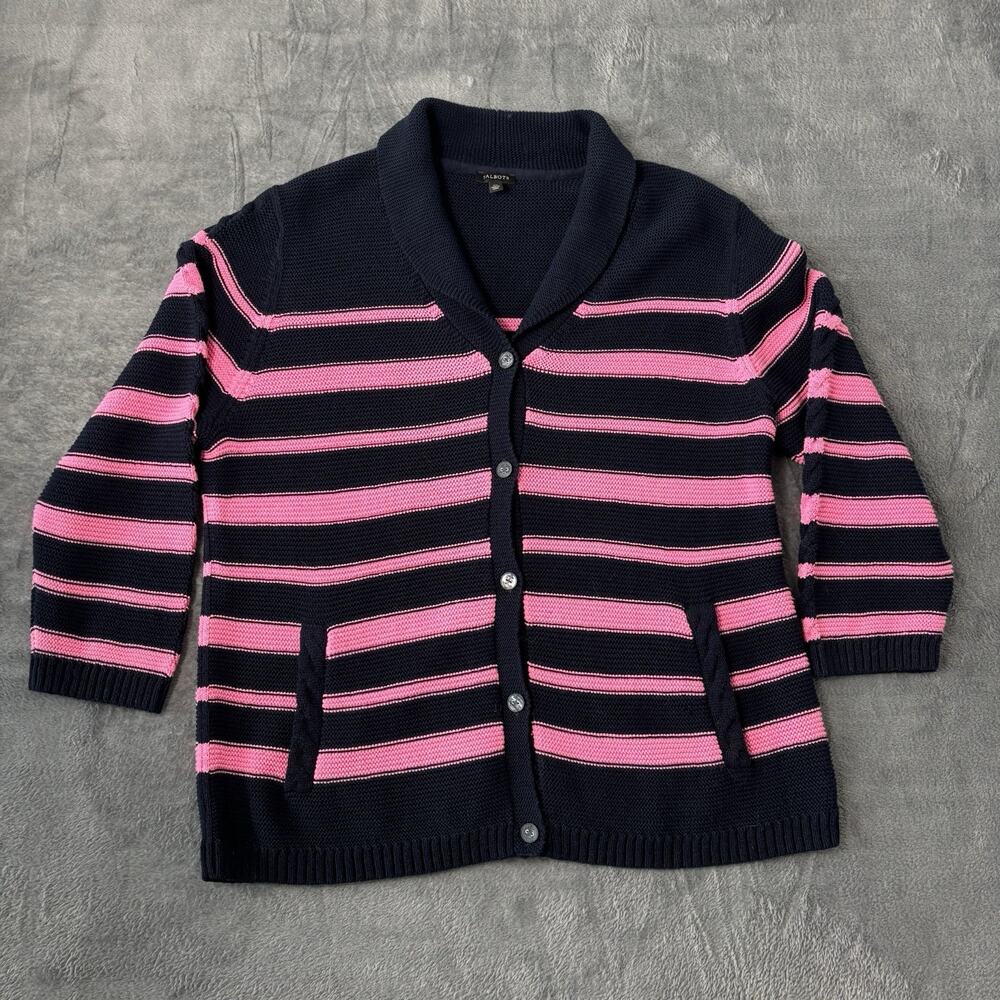 Talbots‎ Womens Sweater XL Blue Pink Striped Cardigan Button Cotton Nylon Preppy
